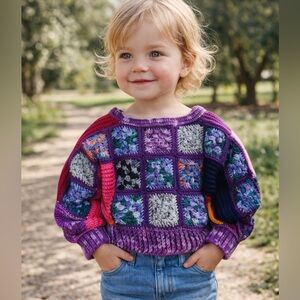 NWOT Handmade Child Boho Retro Hippie Balloon Sleeve Colorful Knit Sweater